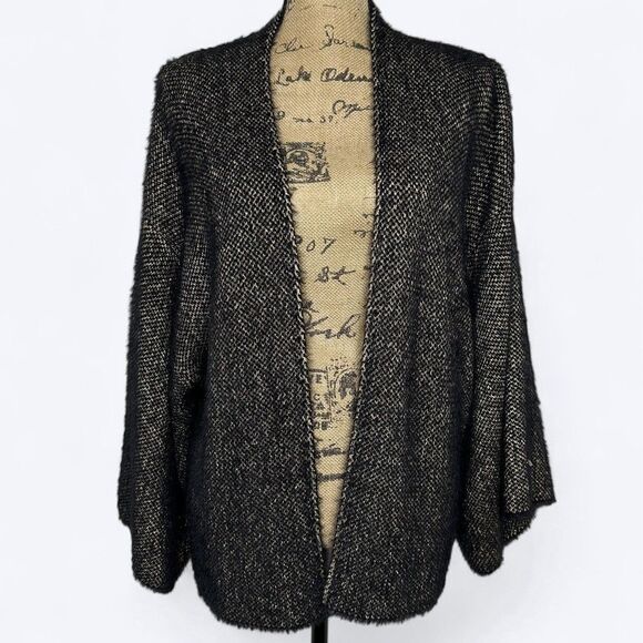 Sleeping On Snow Open Cardigan Sweater One Size Black Gold Metallic Thread Soft - Picture 1 of 16